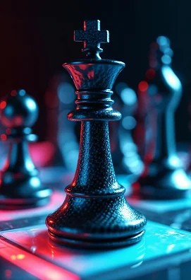 Een close-up van een zwarte schaakkoning op het bord, verlicht door dramatische blauwe en rode neonlichten