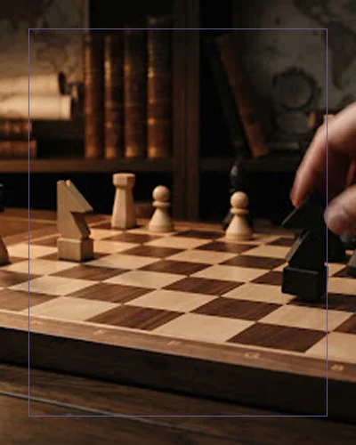 Een hand die een zwart paard verplaatst op een houten schaakbord tijdens een schaakspel